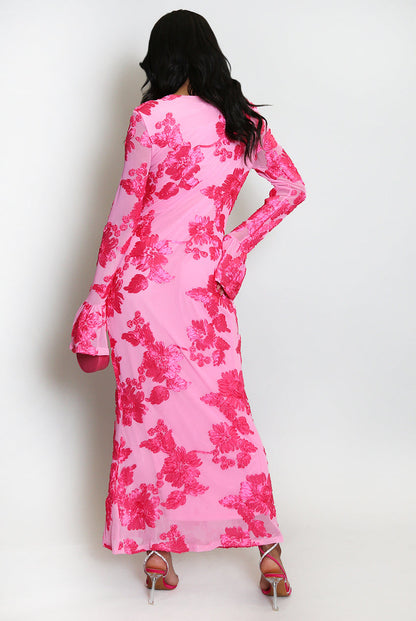 Floral Lace Lined Flute Cuffs Midi Dress