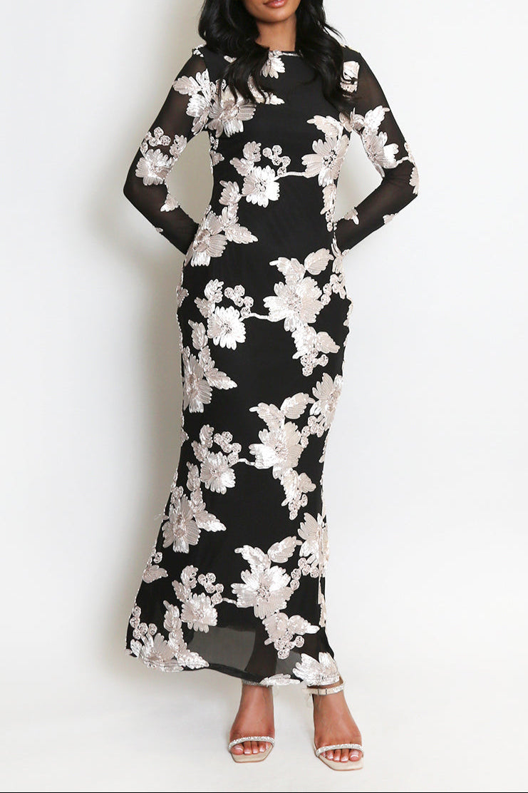 Floral Lace Lined Flute Cuffs Midi Dress Soraya