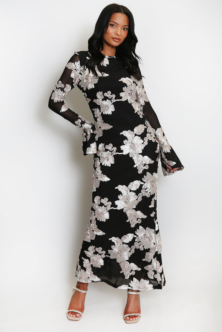 Floral Lace Lined Flute Cuffs Midi Dress Soraya