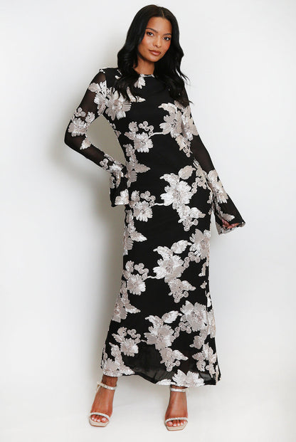Floral Lace Lined Flute Cuffs Midi Dress