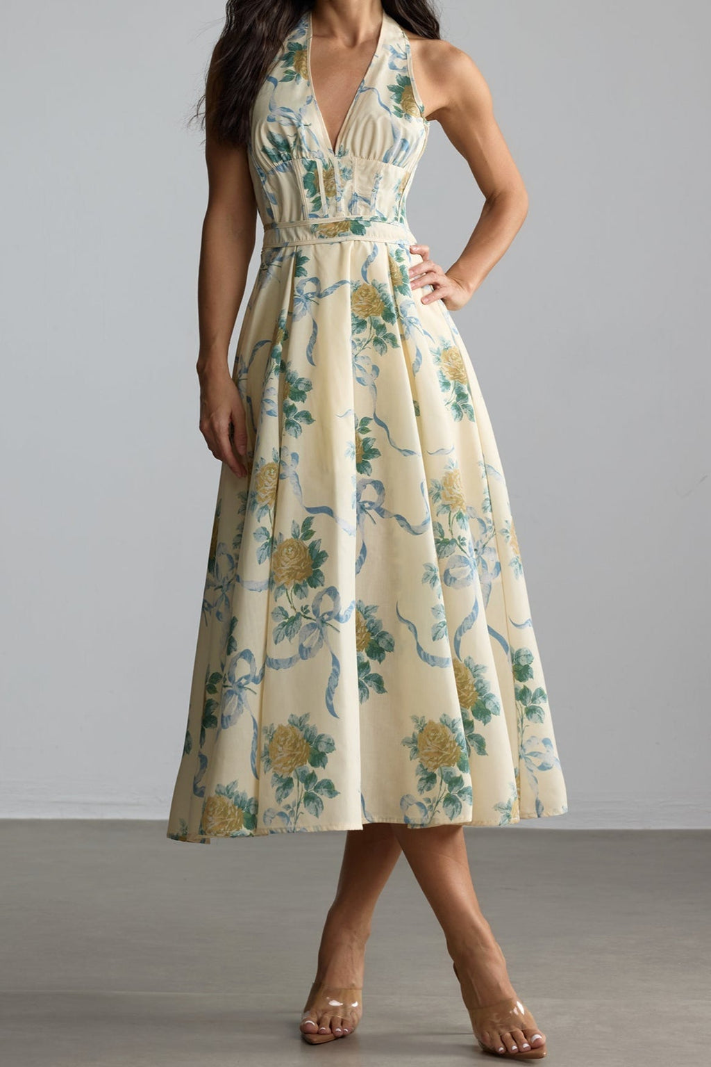 Deirdre Floral Print Deep V Neck Midi Dress in Yellow Avalabel