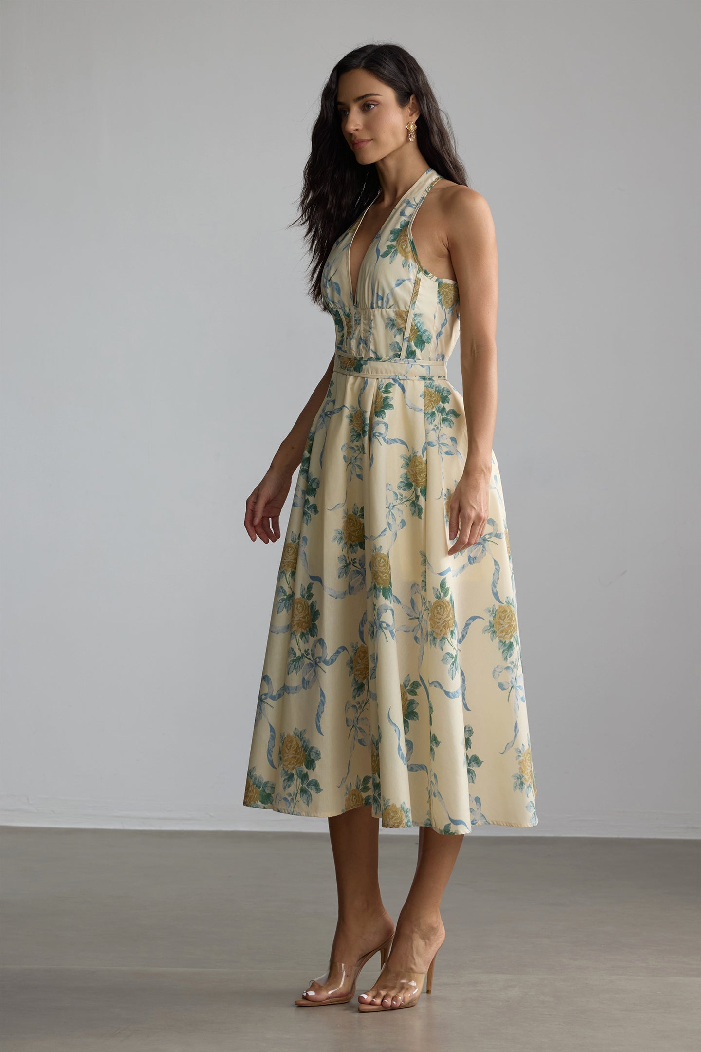 Deirdre Floral Print Deep V Neck Midi Dress in Yellow Avalabel