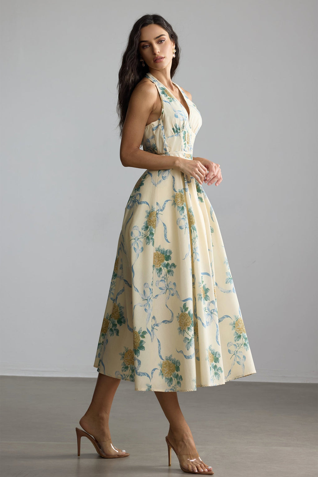 Deirdre Floral Print Deep V Neck Midi Dress in Yellow Avalabel