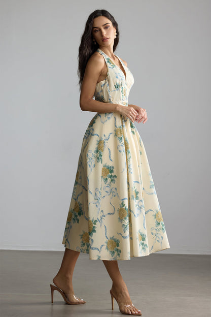 Deirdre Floral Print Deep V Neck Midi Dress in Yellow Avalabel