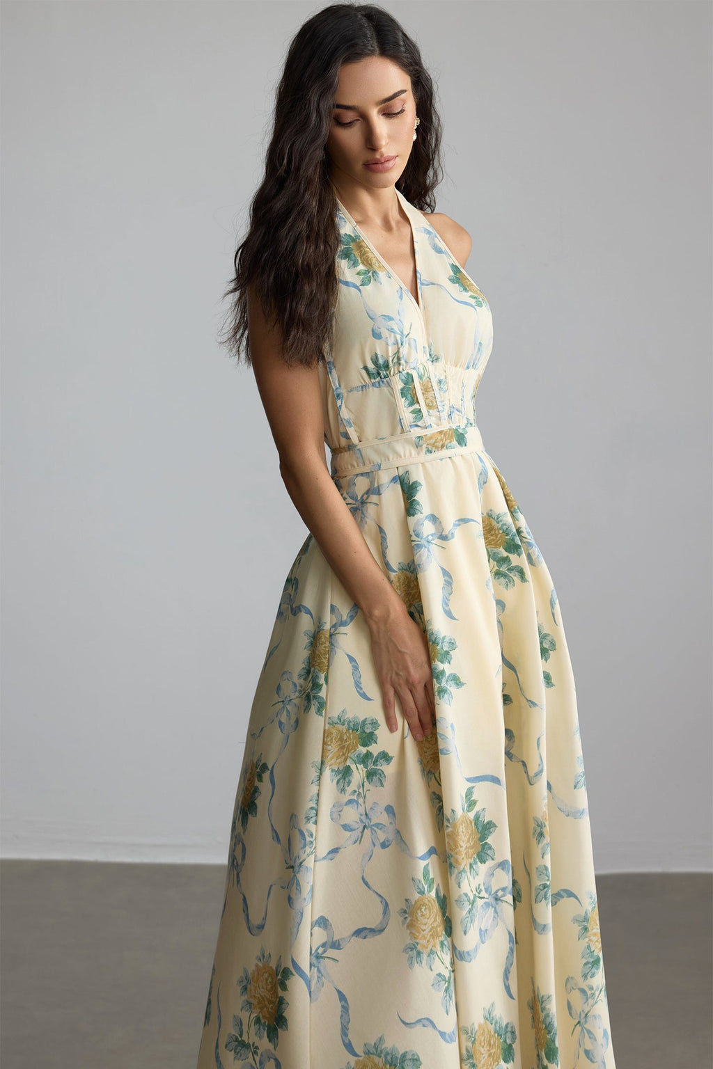 Deirdre Floral Print Deep V Neck Midi Dress in Yellow Avalabel