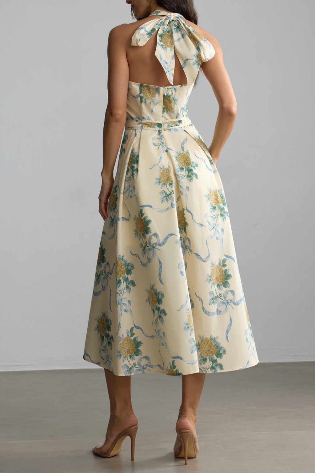 Deirdre Floral Print Deep V Neck Midi Dress in Yellow Avalabel