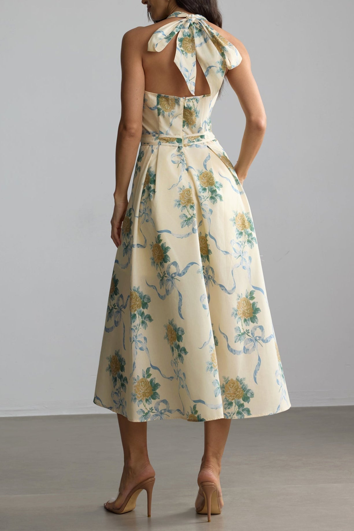 Deirdre Floral Print Deep V Neck Midi Dress in Yellow Avalabel