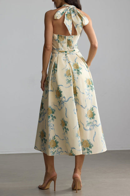 Deirdre Floral Print Deep V Neck Midi Dress in Yellow Avalabel