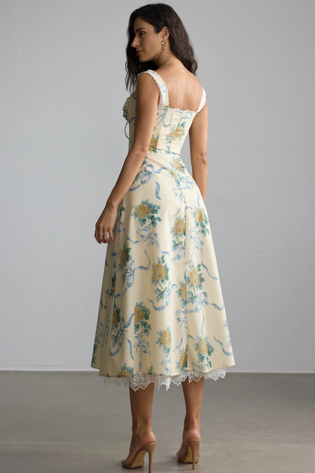 Daphne Floral Print Sweetheart Midi Dress in Yellow Avalabel