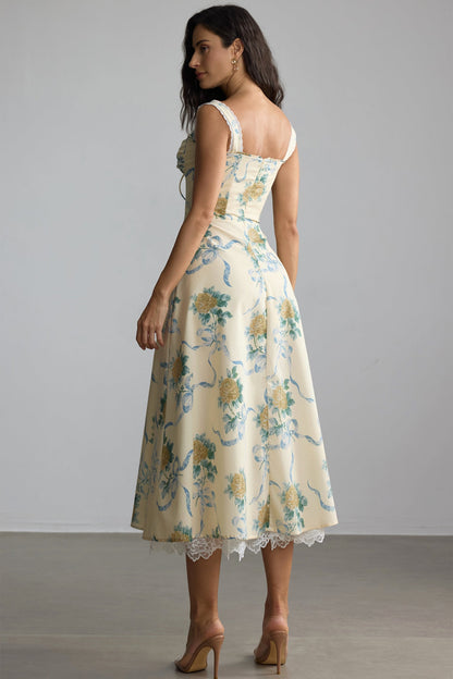 Daphne Floral Print Sweetheart Midi Dress in Yellow Avalabel