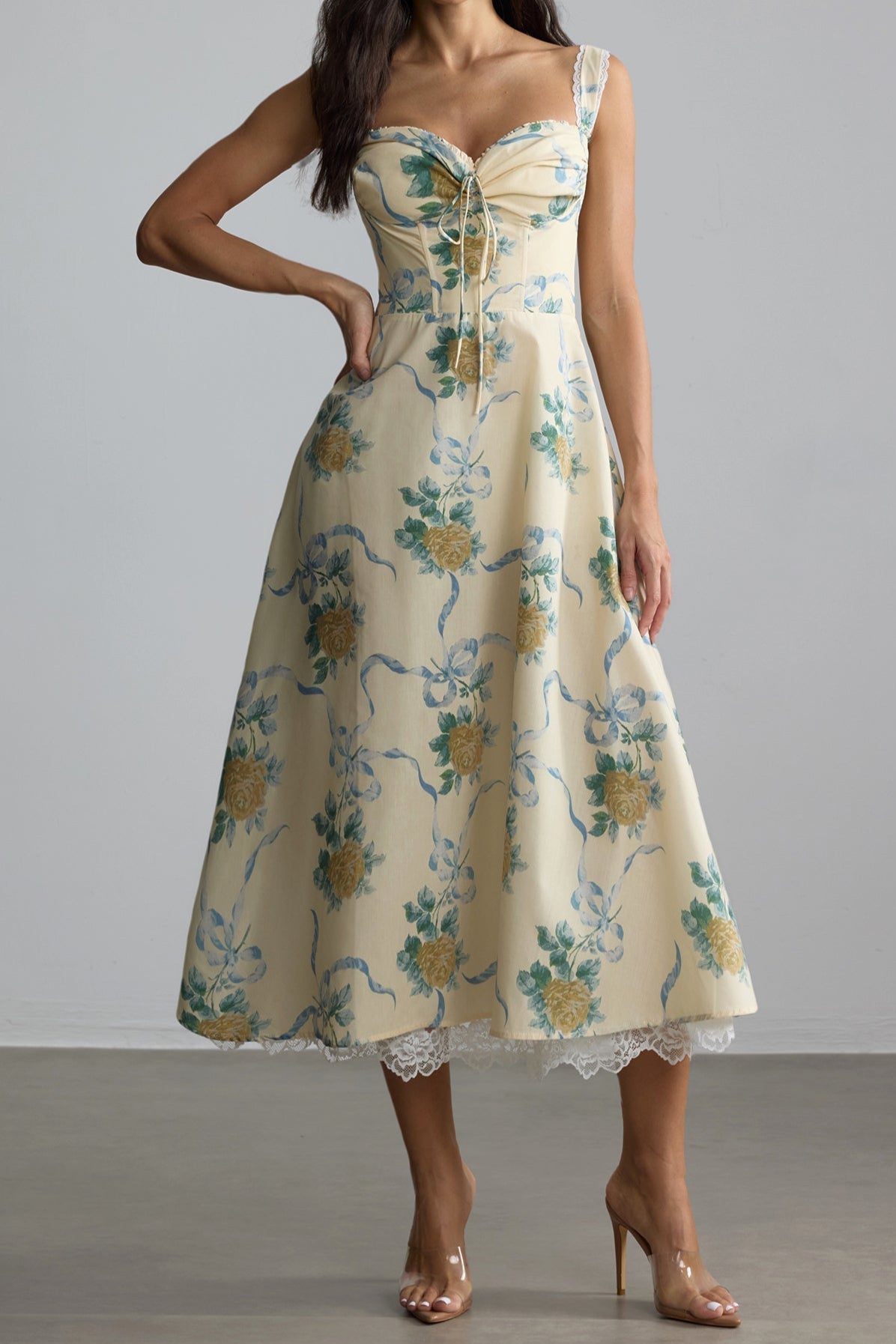 Daphne Floral Print Sweetheart Midi Dress in Yellow Avalabel