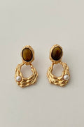 Tiger Eye Stone Pearl Irregular Wavy Hollow Gold Drop Earrings Avalabel