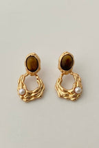 Tiger Eye Stone Pearl Irregular Wavy Hollow Gold Drop Earrings Avalabel