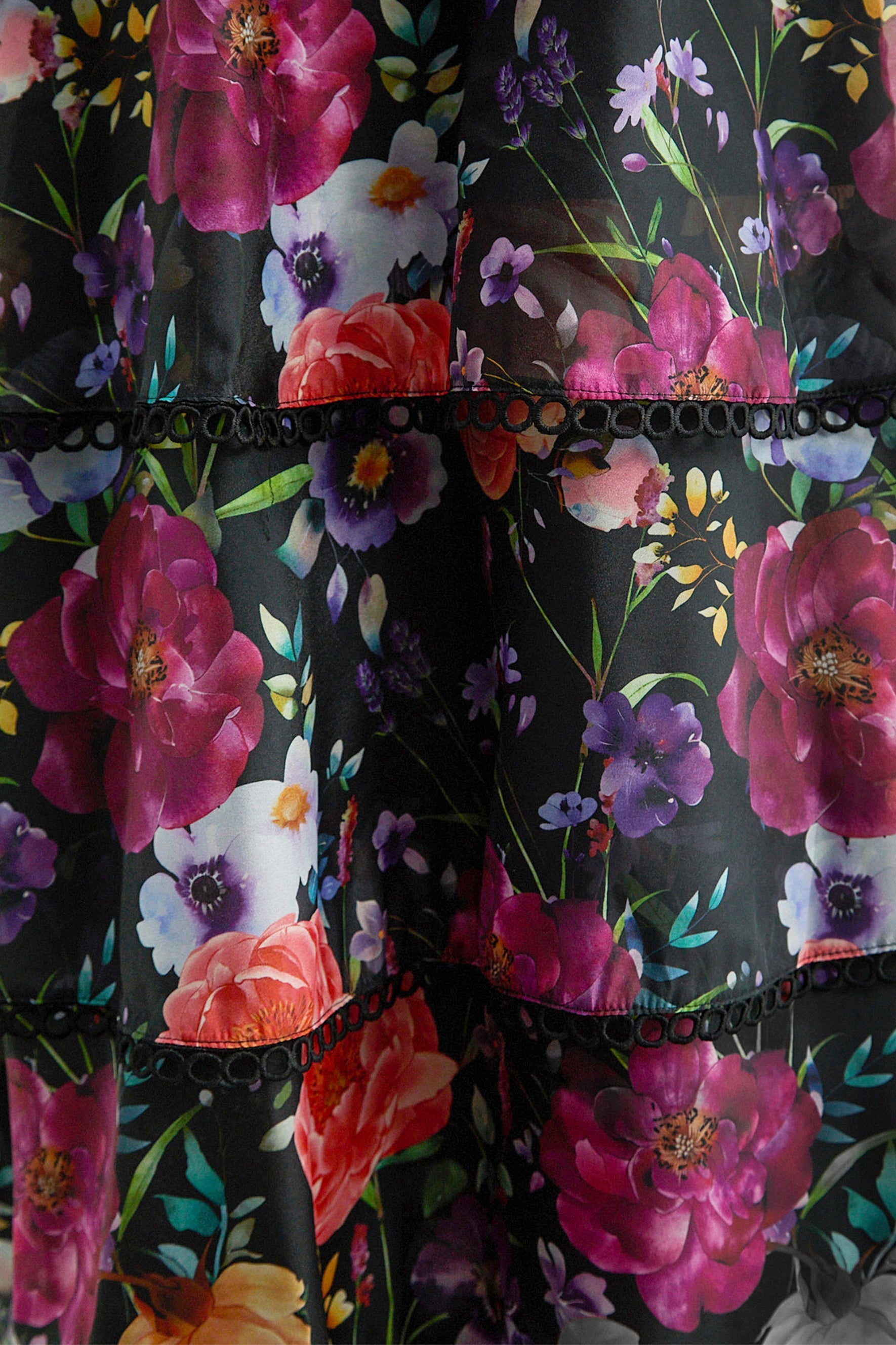 Black Floral Print Tiered Ruffle Maxi Dress Avalabel