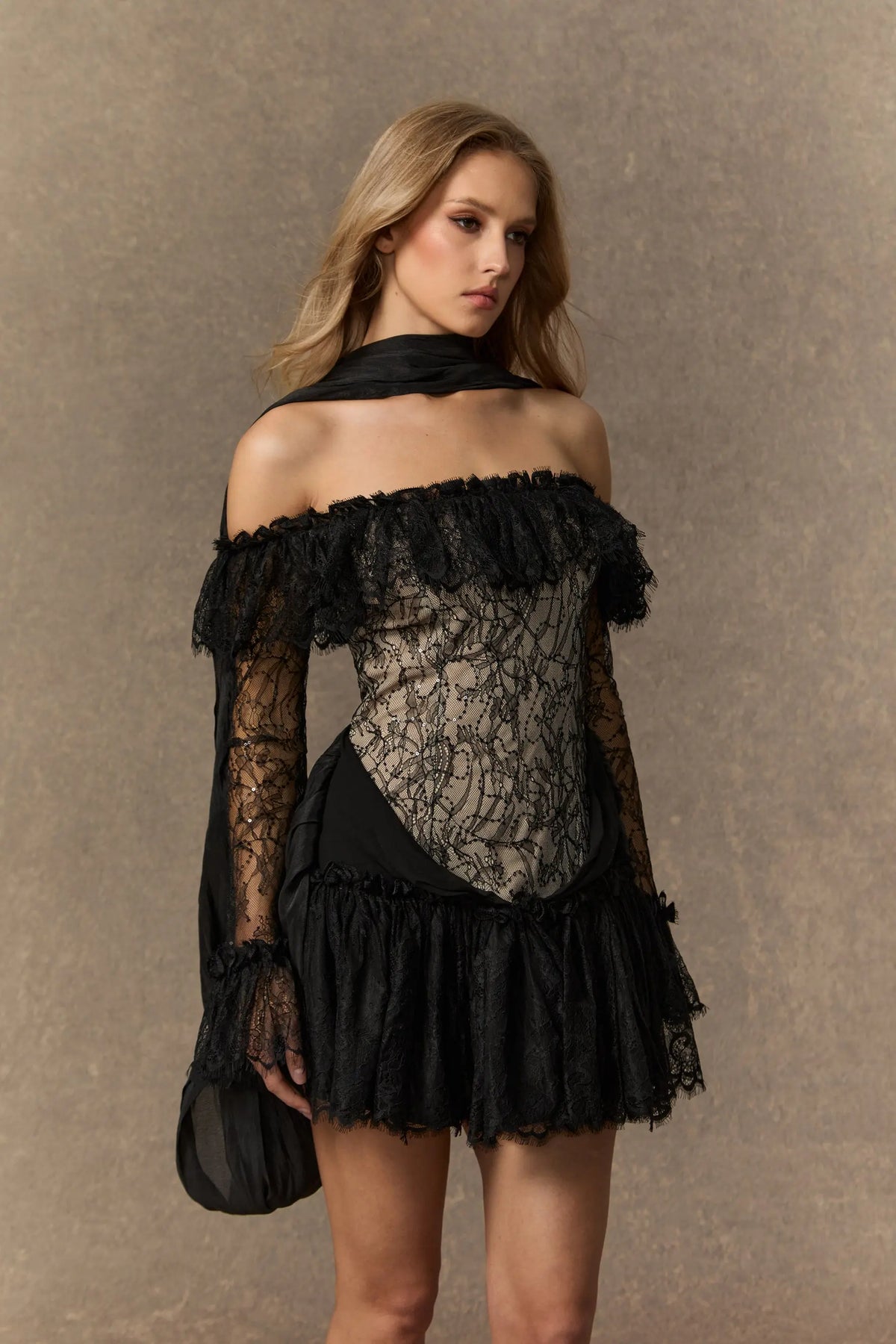 delia Black Off Shoulder Lace Corset Mini Dress Avalabel