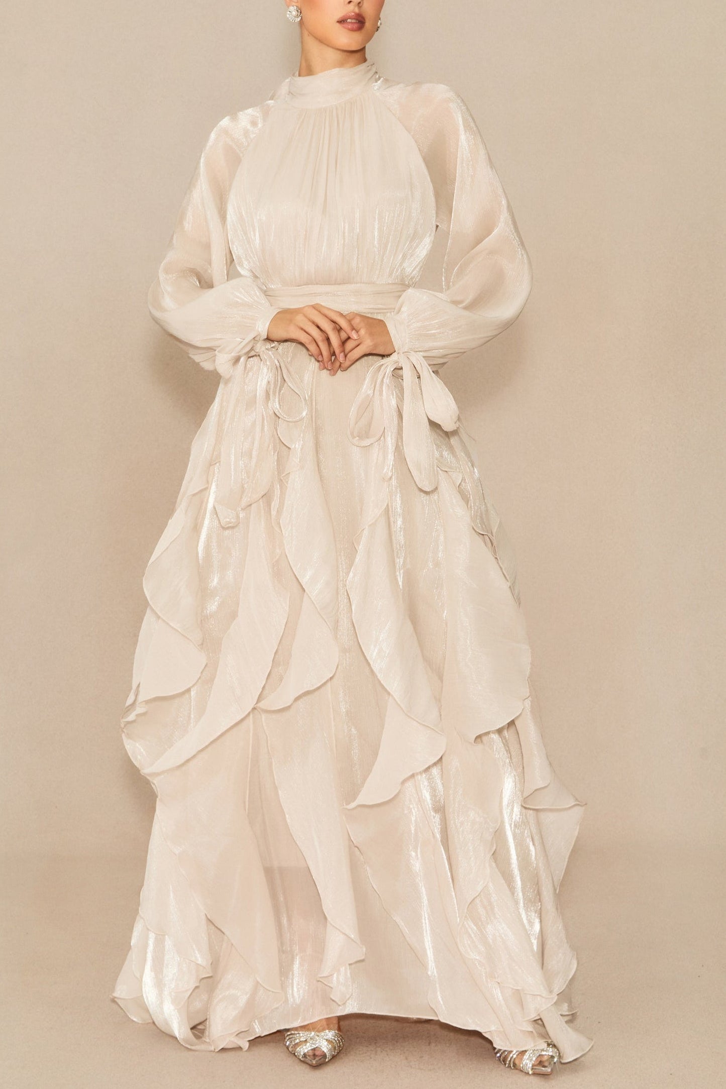 Pandora Puff Sleeve Ruffle Trim Maxi Dress in Apricot