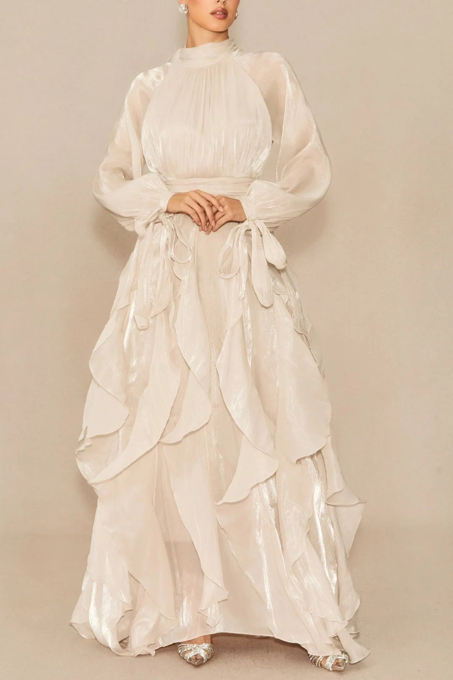 Pandora Puff Sleeve Ruffle Trim Maxi Dress in Apricot Avalabel