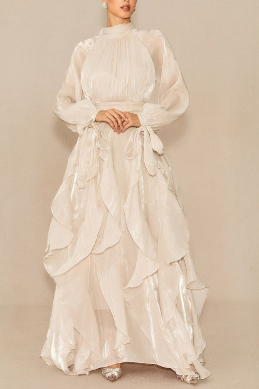 Pandora Puff Sleeve Ruffle Trim Maxi Dress in Apricot