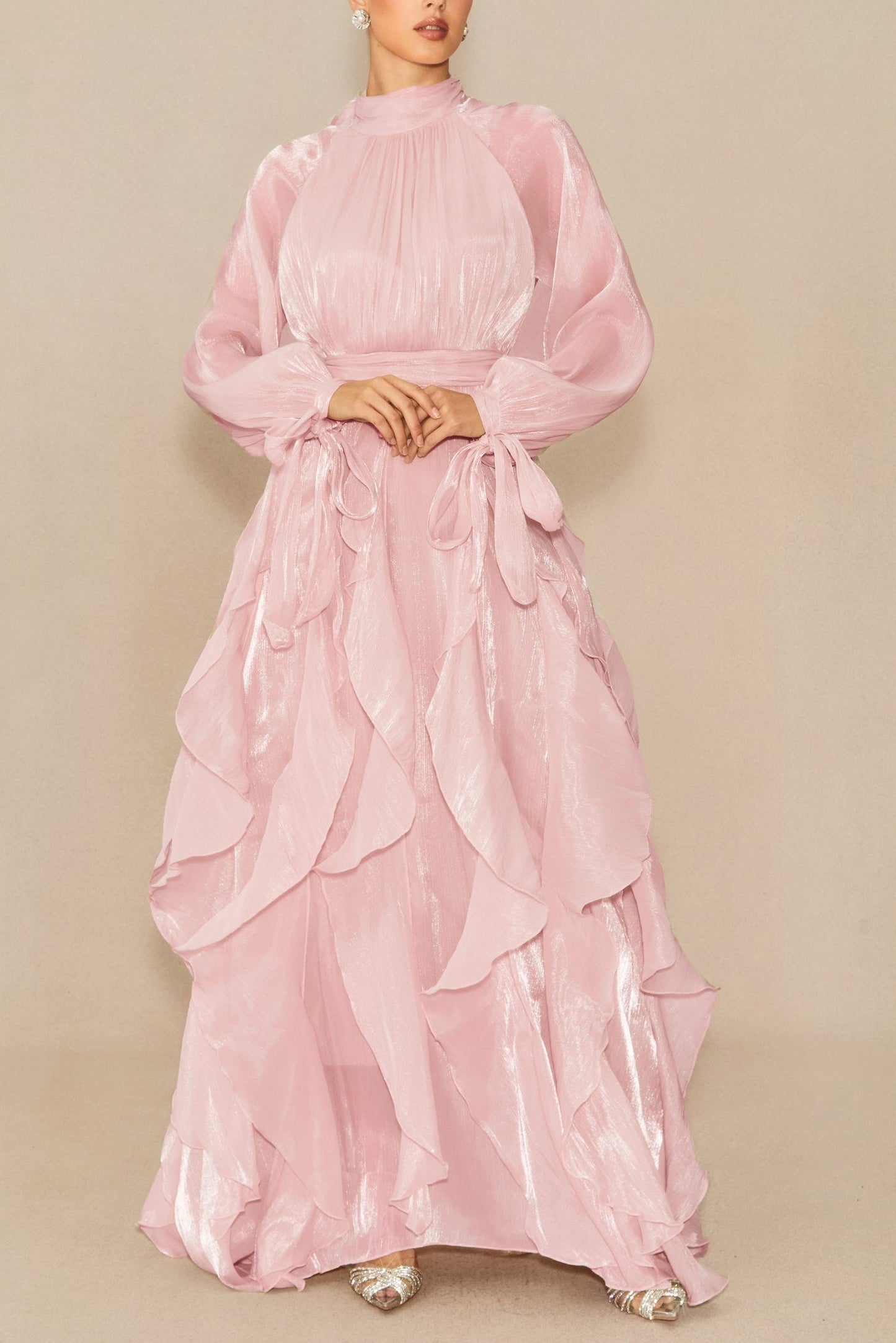 Pandora Puff Sleeve Ruffle Trim Maxi Dress in Pink