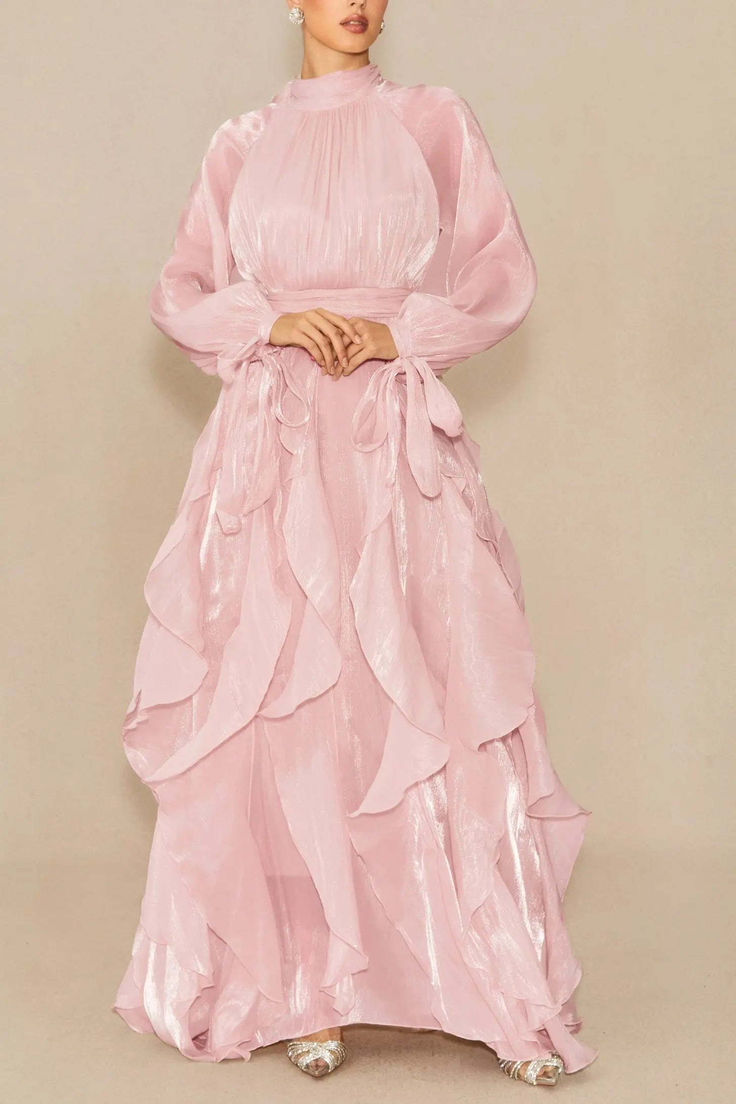 Pandora Puff Sleeve Ruffle Trim Maxi Dress in Pink Avalabel
