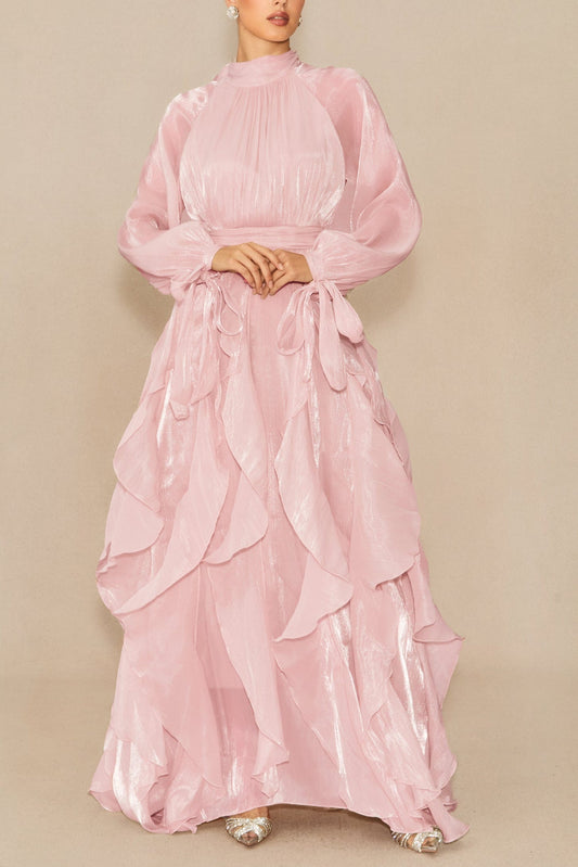 Pandora Puff Sleeve Ruffle Trim Maxi Dress in Pink