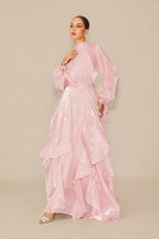 Pandora Puff Sleeve Ruffle Trim Maxi Dress in Pink Avalabel