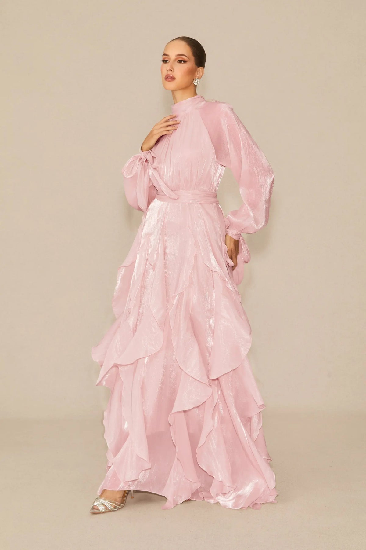 Pandora Puff Sleeve Ruffle Trim Maxi Dress in Pink Avalabel