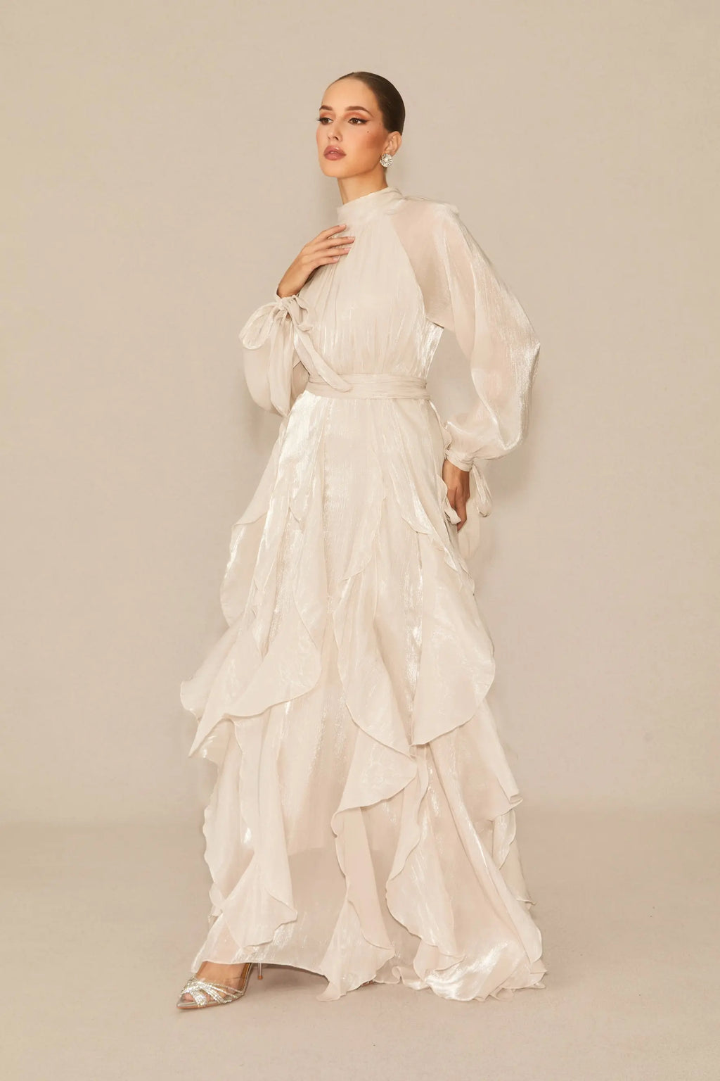 Pandora Puff Sleeve Ruffle Trim Maxi Dress in Apricot Avalabel
