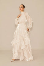 Pandora Puff Sleeve Ruffle Trim Maxi Dress in Apricot Avalabel