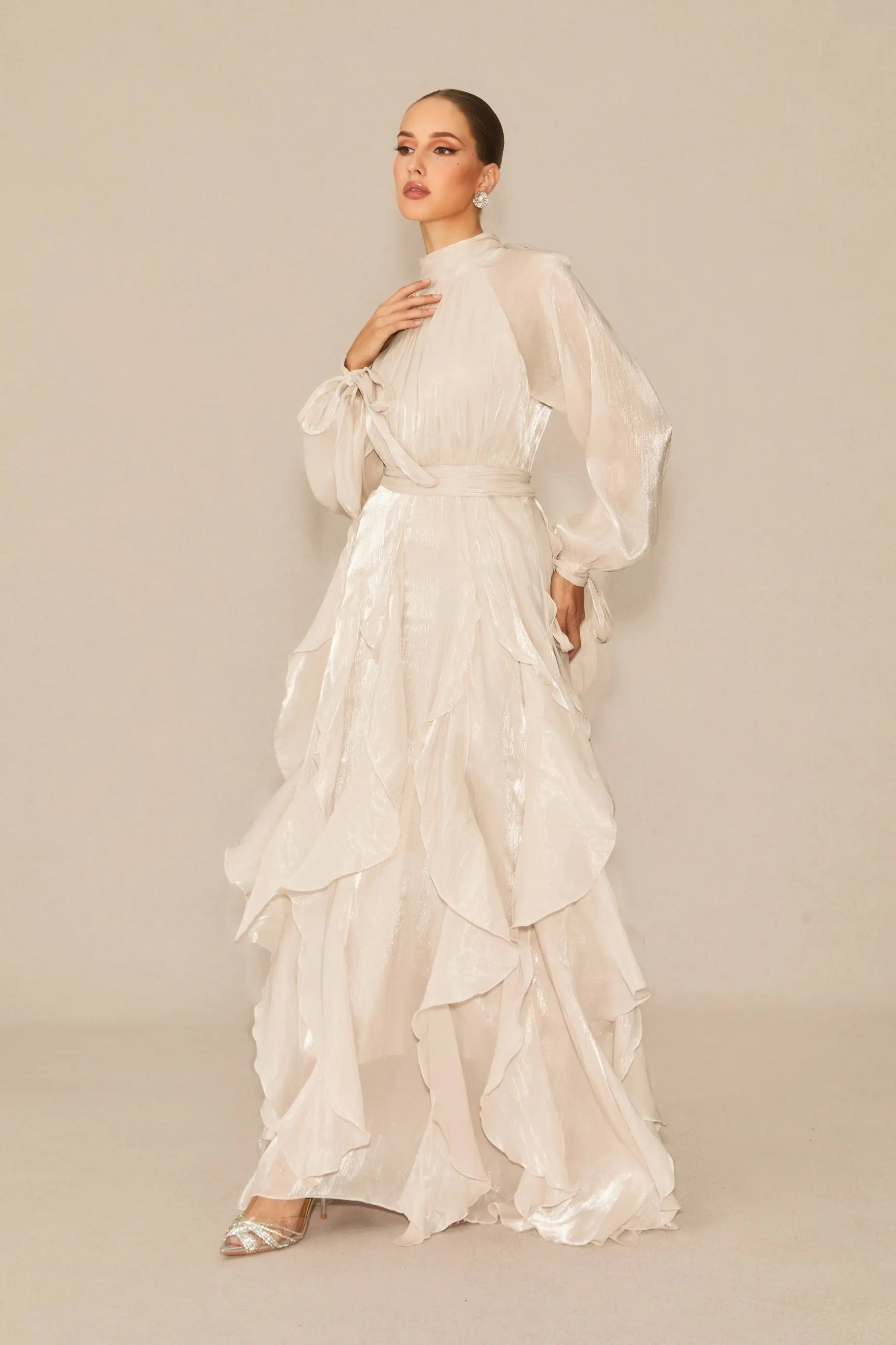 Pandora Puff Sleeve Ruffle Trim Maxi Dress in Apricot Avalabel
