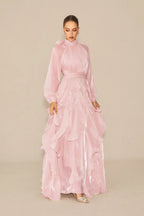 Pandora Puff Sleeve Ruffle Trim Maxi Dress in Pink Avalabel