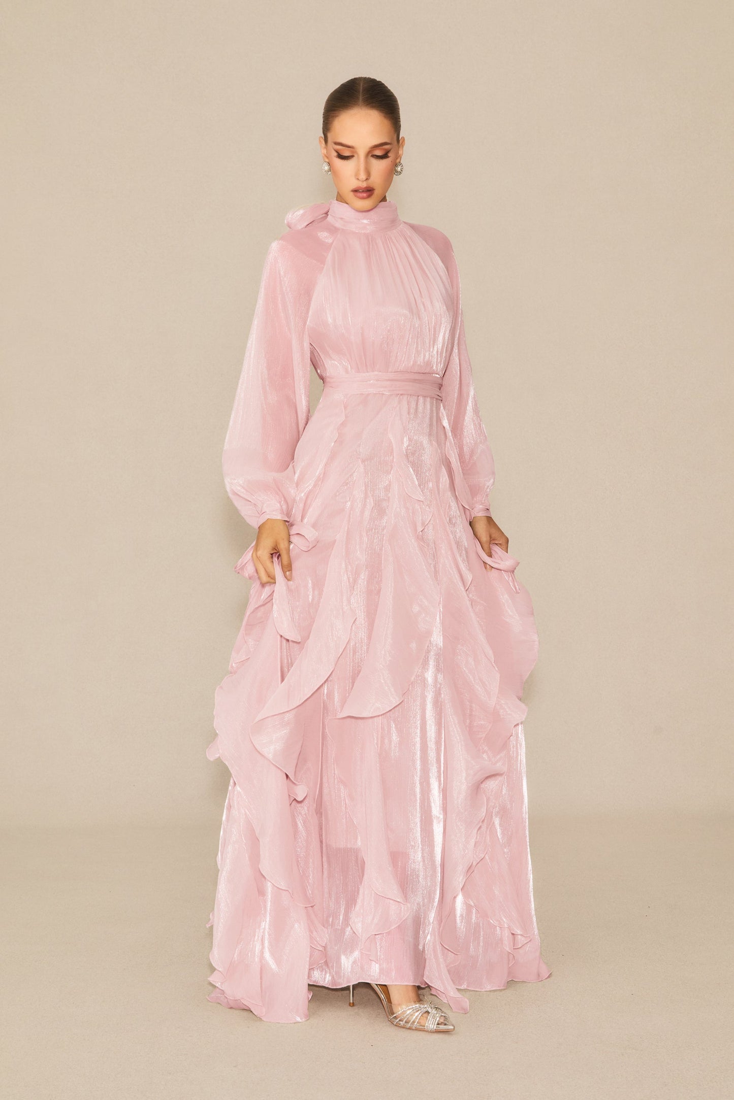 Pandora Puff Sleeve Ruffle Trim Maxi Dress in Pink
