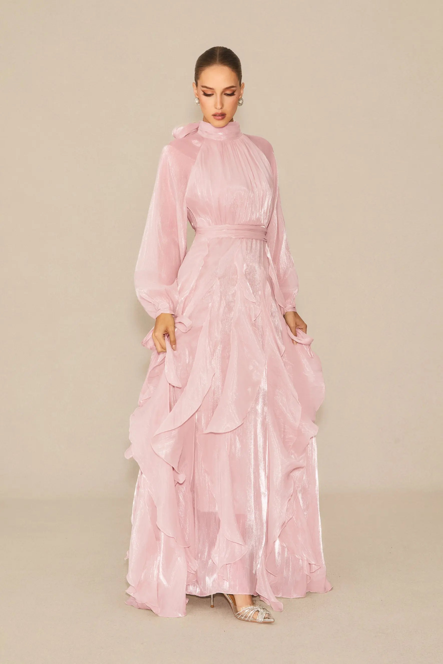 Pandora Puff Sleeve Ruffle Trim Maxi Dress in Pink Avalabel