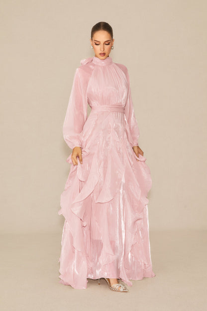 Pandora Puff Sleeve Ruffle Trim Maxi Dress in Pink