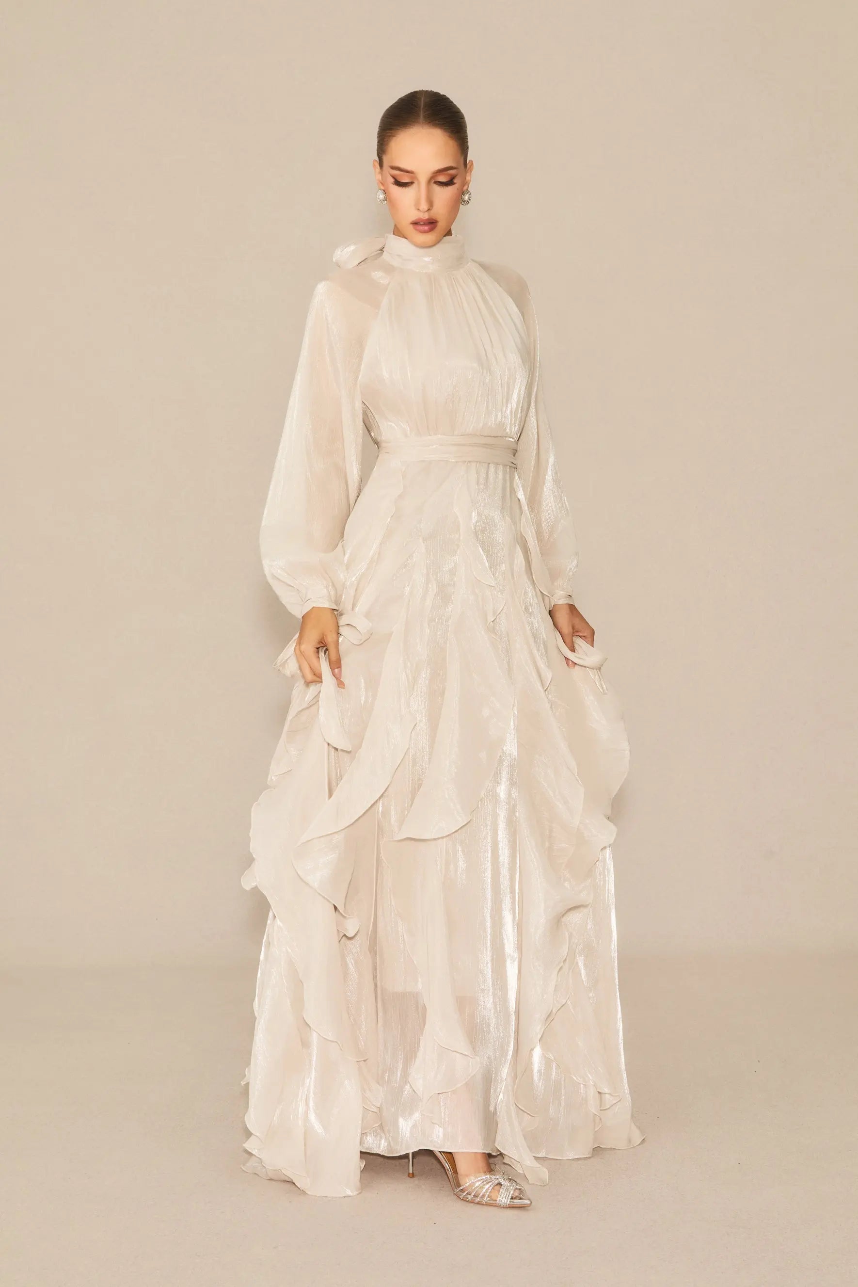 Pandora Puff Sleeve Ruffle Trim Maxi Dress in Apricot Avalabel