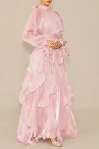 Pandora Puff Sleeve Ruffle Trim Maxi Dress in Pink Avalabel