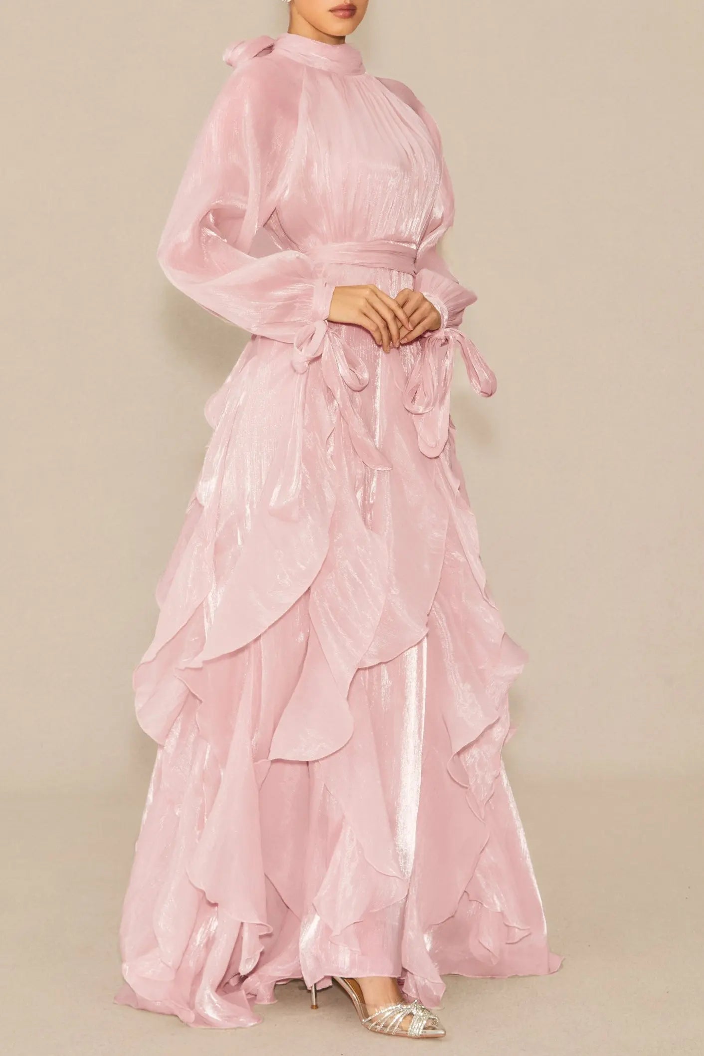 Pandora Puff Sleeve Ruffle Trim Maxi Dress in Pink Avalabel