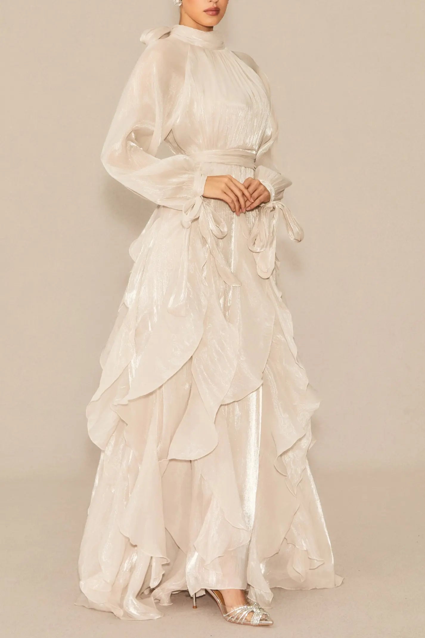 Pandora Puff Sleeve Ruffle Trim Maxi Dress in Apricot Avalabel