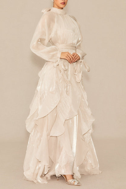 Pandora Puff Sleeve Ruffle Trim Maxi Dress in Apricot