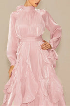 Pandora Puff Sleeve Ruffle Trim Maxi Dress in Pink Avalabel