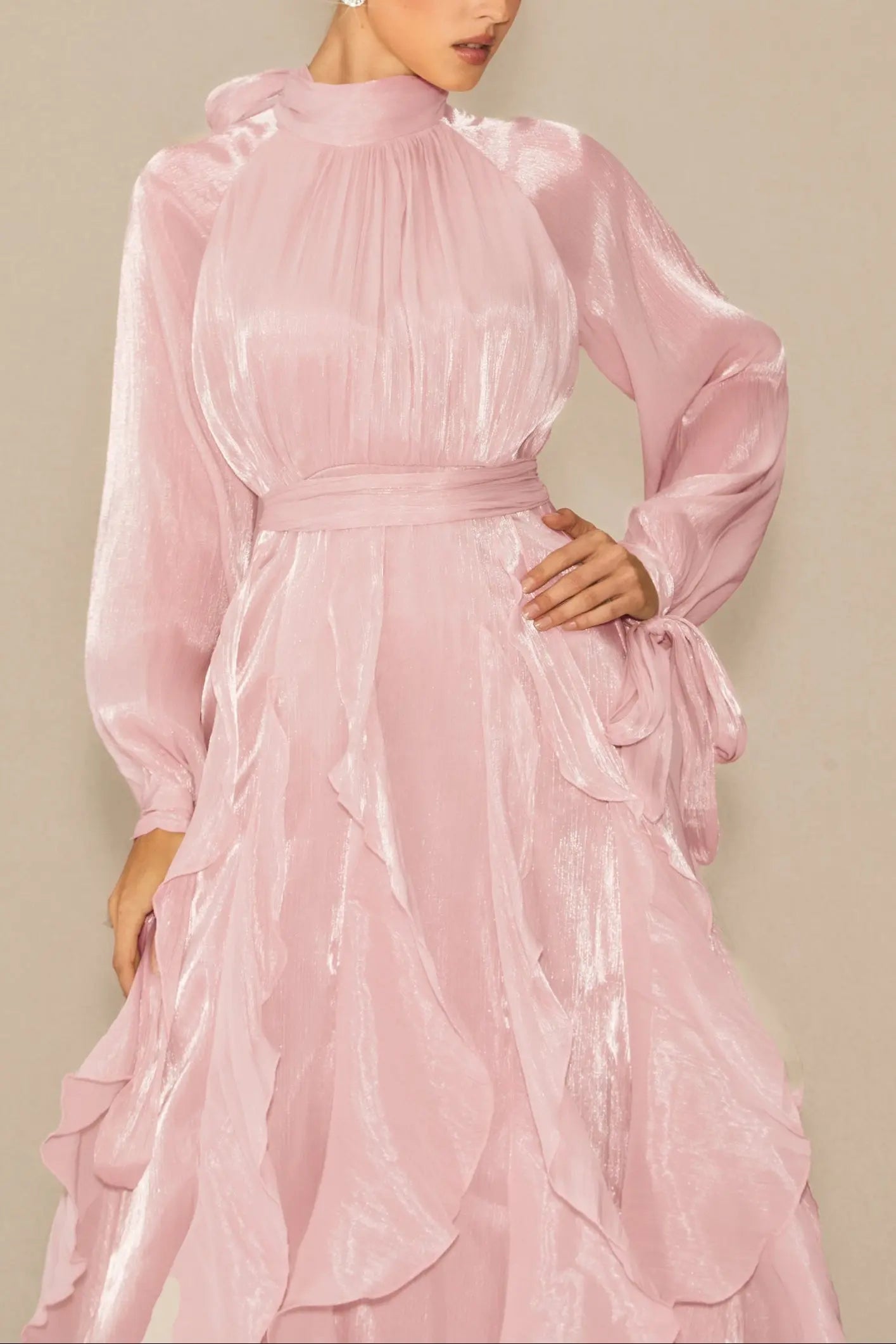 Pandora Puff Sleeve Ruffle Trim Maxi Dress in Pink Avalabel