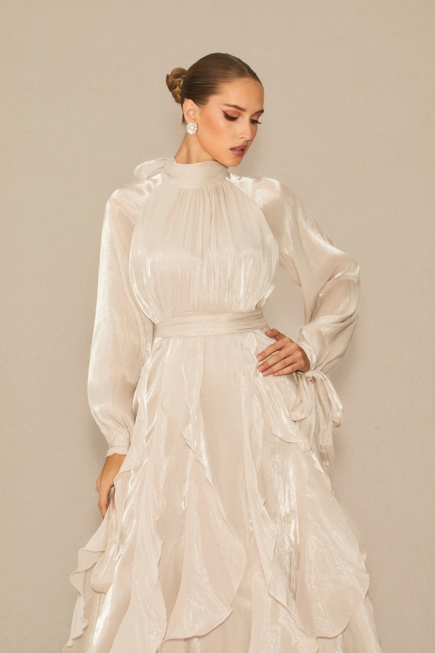 Pandora Puff Sleeve Ruffle Trim Maxi Dress in Apricot