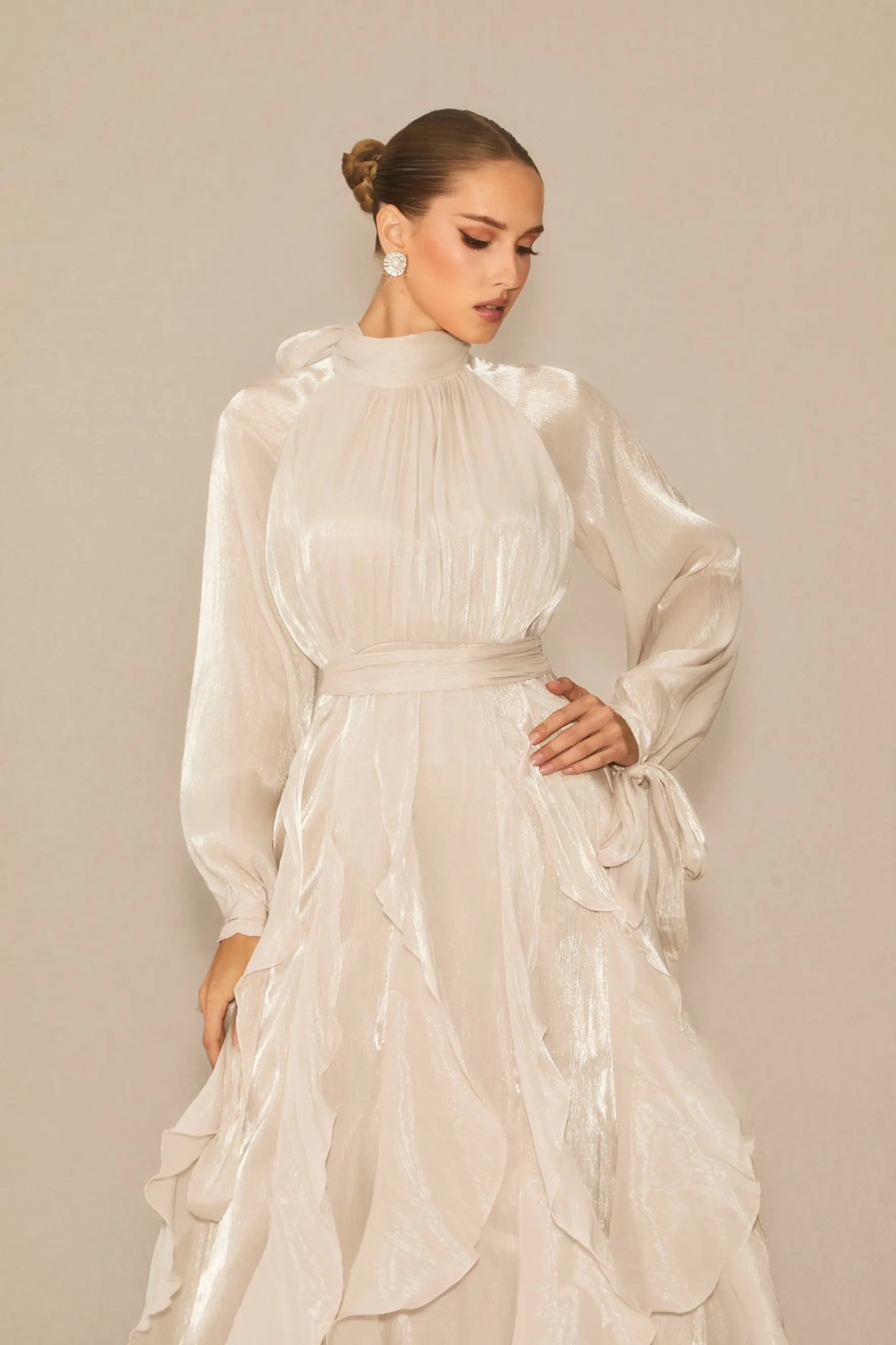 Pandora Puff Sleeve Ruffle Trim Maxi Dress in Apricot Avalabel