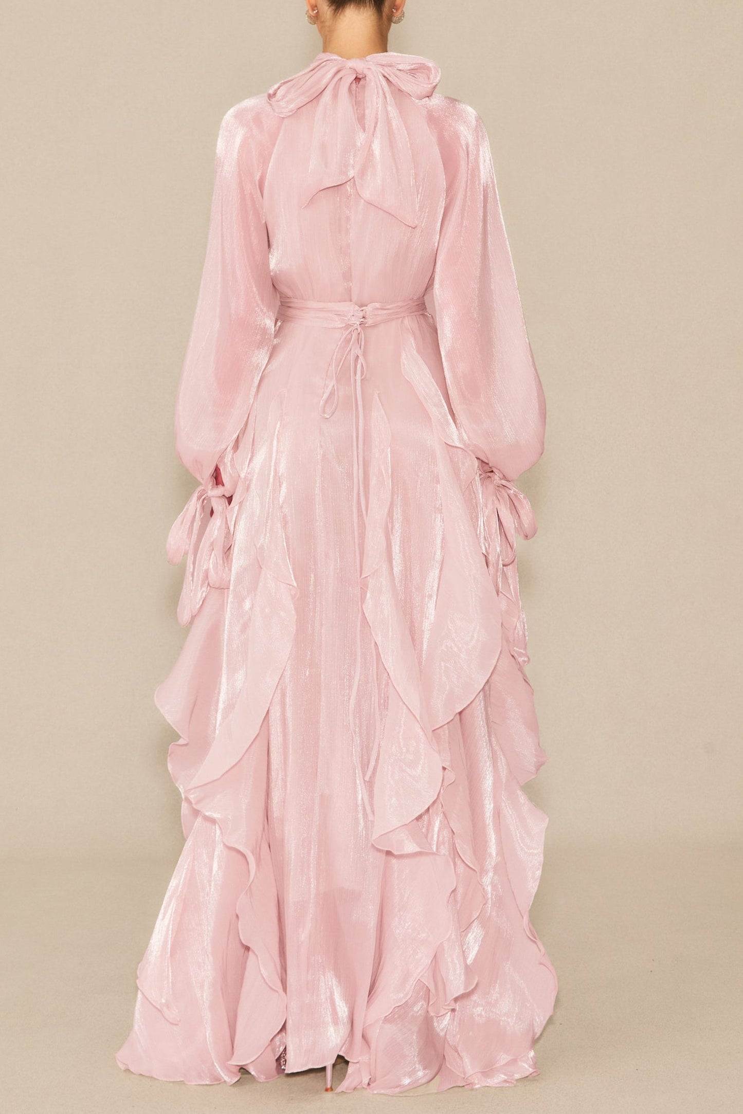Pandora Puff Sleeve Ruffle Trim Maxi Dress in Pink