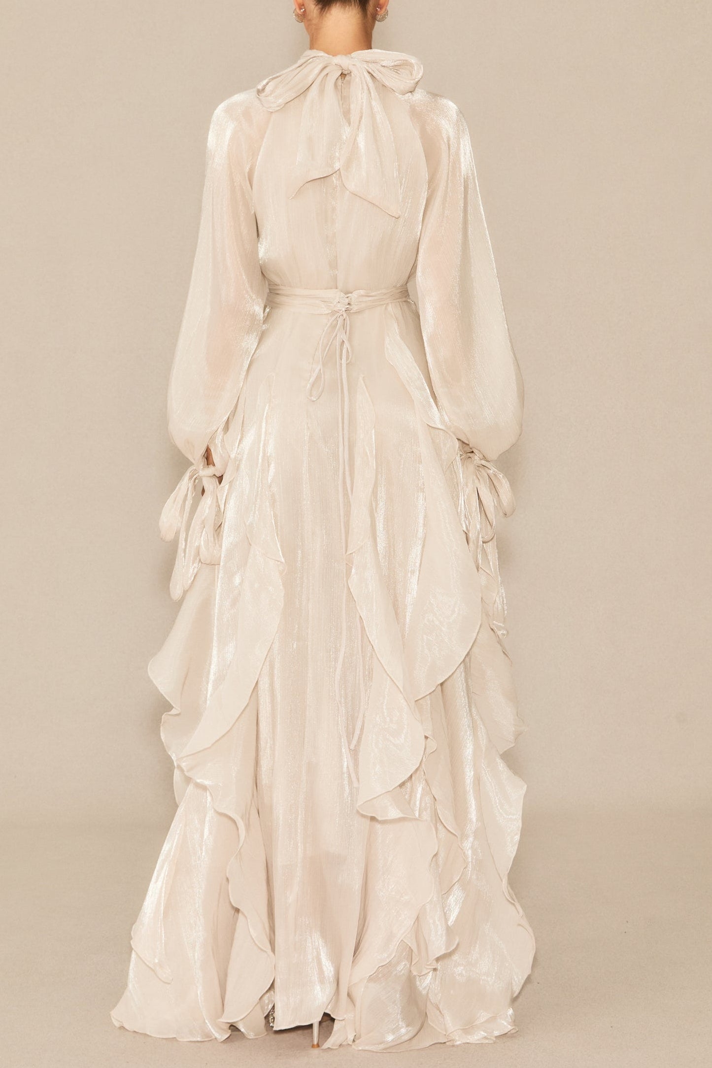 Pandora Puff Sleeve Ruffle Trim Maxi Dress in Apricot