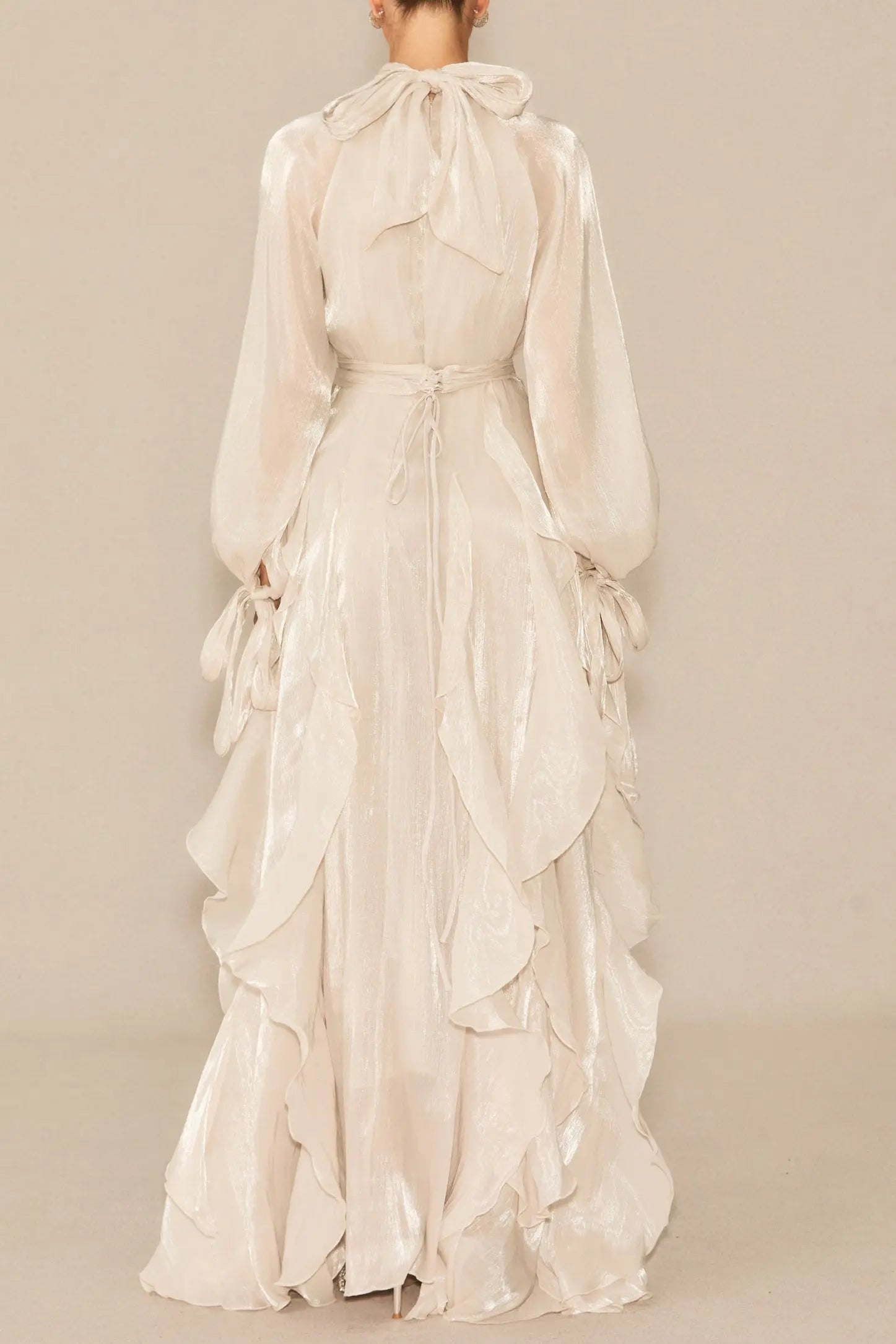 Pandora Puff Sleeve Ruffle Trim Maxi Dress in Apricot Avalabel