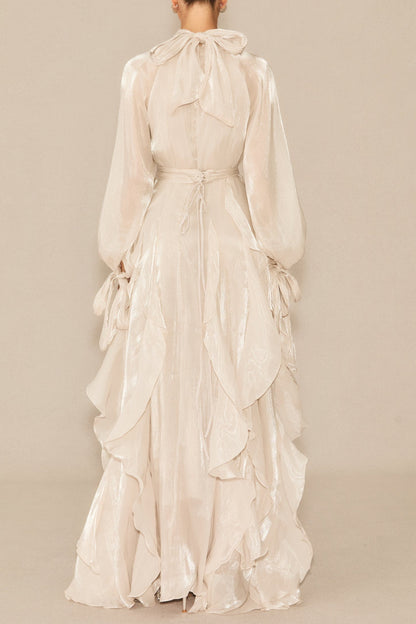 Pandora Puff Sleeve Ruffle Trim Maxi Dress in Apricot