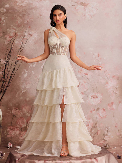 One Shoulder Lace Corset Tiered Maxi Dress In White