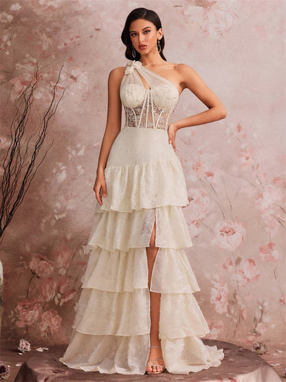 One Shoulder Lace Corset Tiered Maxi Dress In White