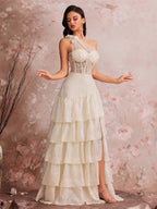 One Shoulder Lace Corset Tiered Maxi Dress In White Avalabel